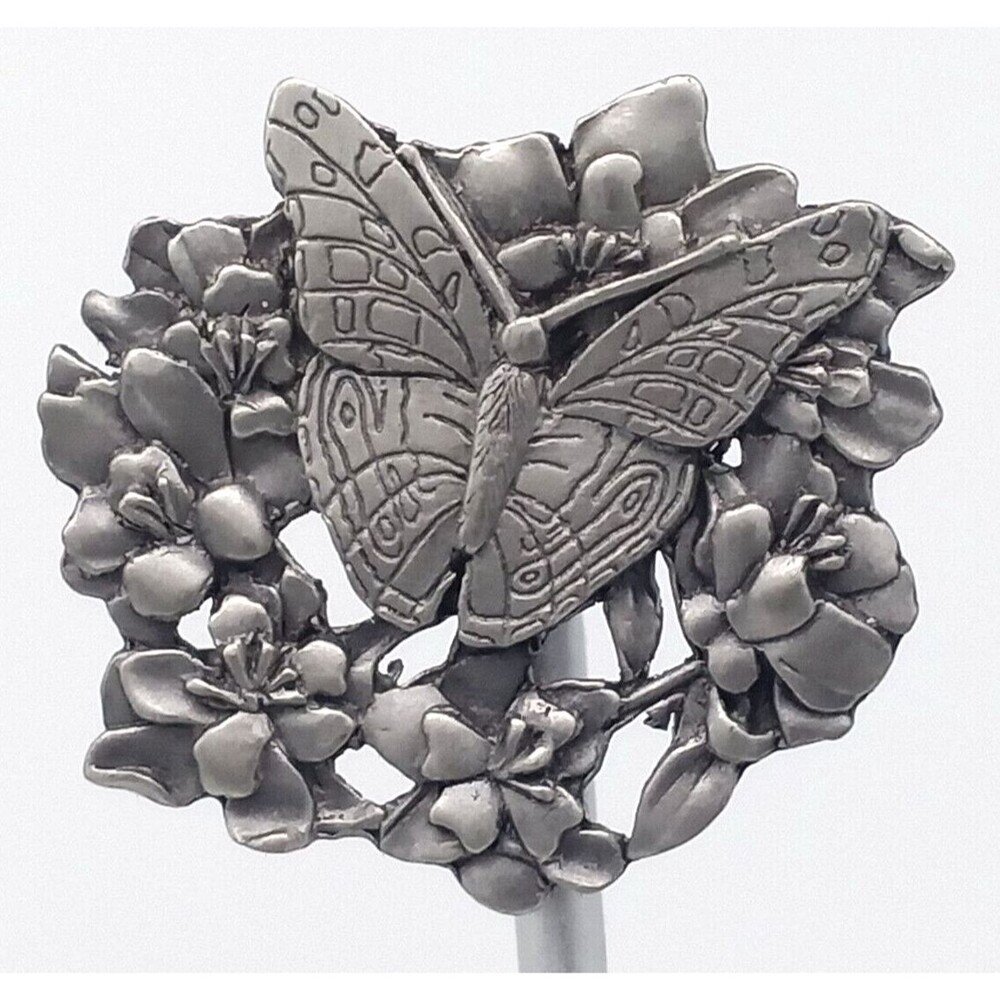 Butterfly and Flowers Brooch Scatter Pin Pewter Metal Birds & Bloom 1998 Vintage